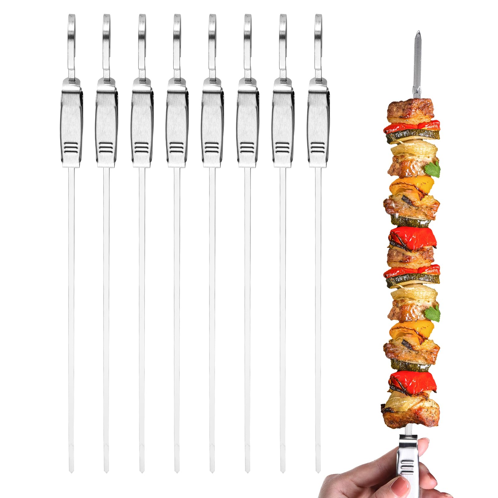 Skewers for Grilling - 17" (8 PCS) Metal Stainless Steel Skewers for BBQ with Push Slider, BBQ Skewers, Metal Kebab Skewers Dishwasher Safe
