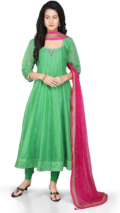 Amazon.com: Utsav Fashion Plain Chanderi Silk Anarkali Suit in Green: Clothing