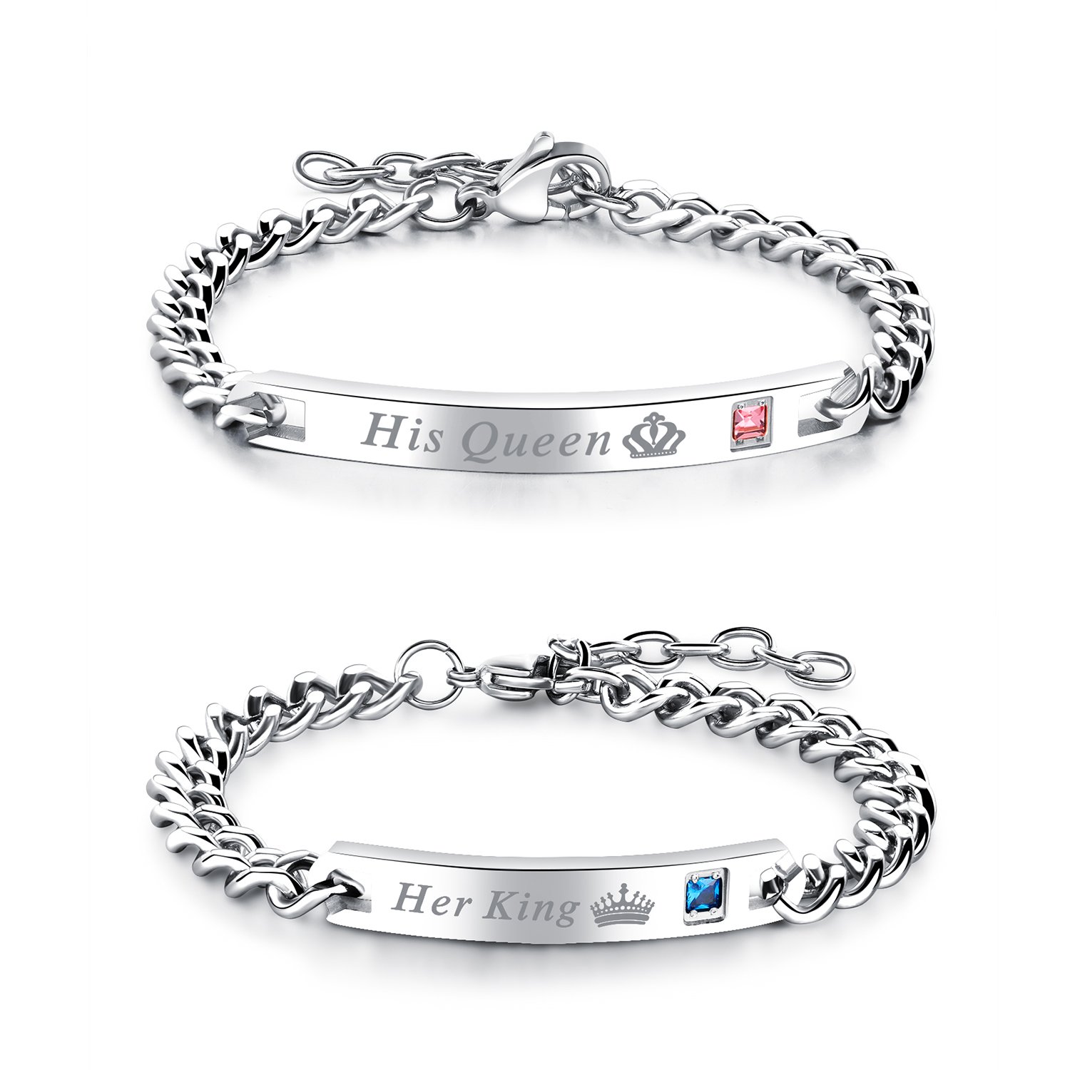 Oidea Stainless Steel His Queen Her King Link Bracelets,Bling CZ Inlaid,Size Adjustable for Couples Valentines Day Gifts