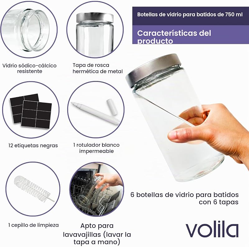 Tarros de Cristal con Tapa - Pack de 6 Botellas de 750 ml para Batidos con Tapa de Metal, Cepillo de Limpieza, Etiquetas y Bolígrafo - Tarro de Vidrio a Prueba de Fugas para Batidos — foto 3 de 7