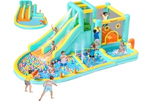 FBSPORT Inflatable Bounce House, 8 in 1 Kids Bouncy Castle with 2 Water Slides, Deep Pool, Water Gun, Basketball Shooting, Ju