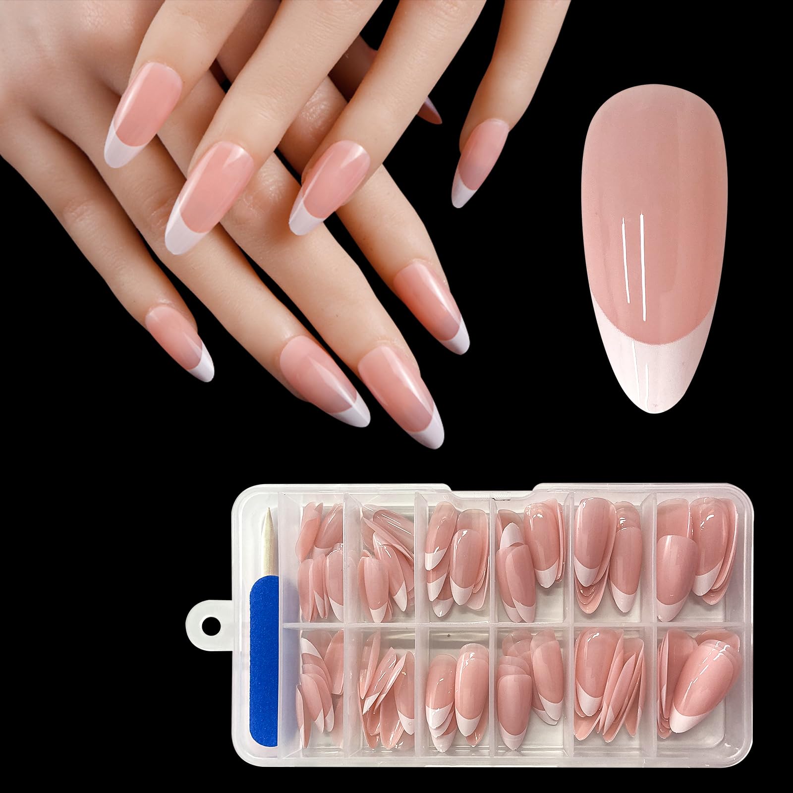French Tip False Nails - ZAHRVIA Short Almond Press on Nails, Soft Gel Fake Nails, Reusable Semi-Transparent Stick on Nail for Woman (French-Medium Almond)