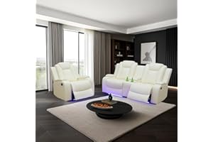 SIENWIEY Power White Leather Reclining Sofa Set with LED Light for Living Room Set，Double Recliner Loveseat and Chair Set Home Theater Seat Recliner Loveseat Recliner with Storage Console/USB Port