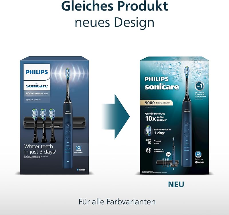 Sonicare DiamondClean elektrische Zahnbürste der 9000er Serie – Schallzahnbürste, sauberere Zähne und Mundpflege mit 4x C3 Premium Plaque Defense-Bürstenköpfen, Aquamarine (Modell HX9911/89)