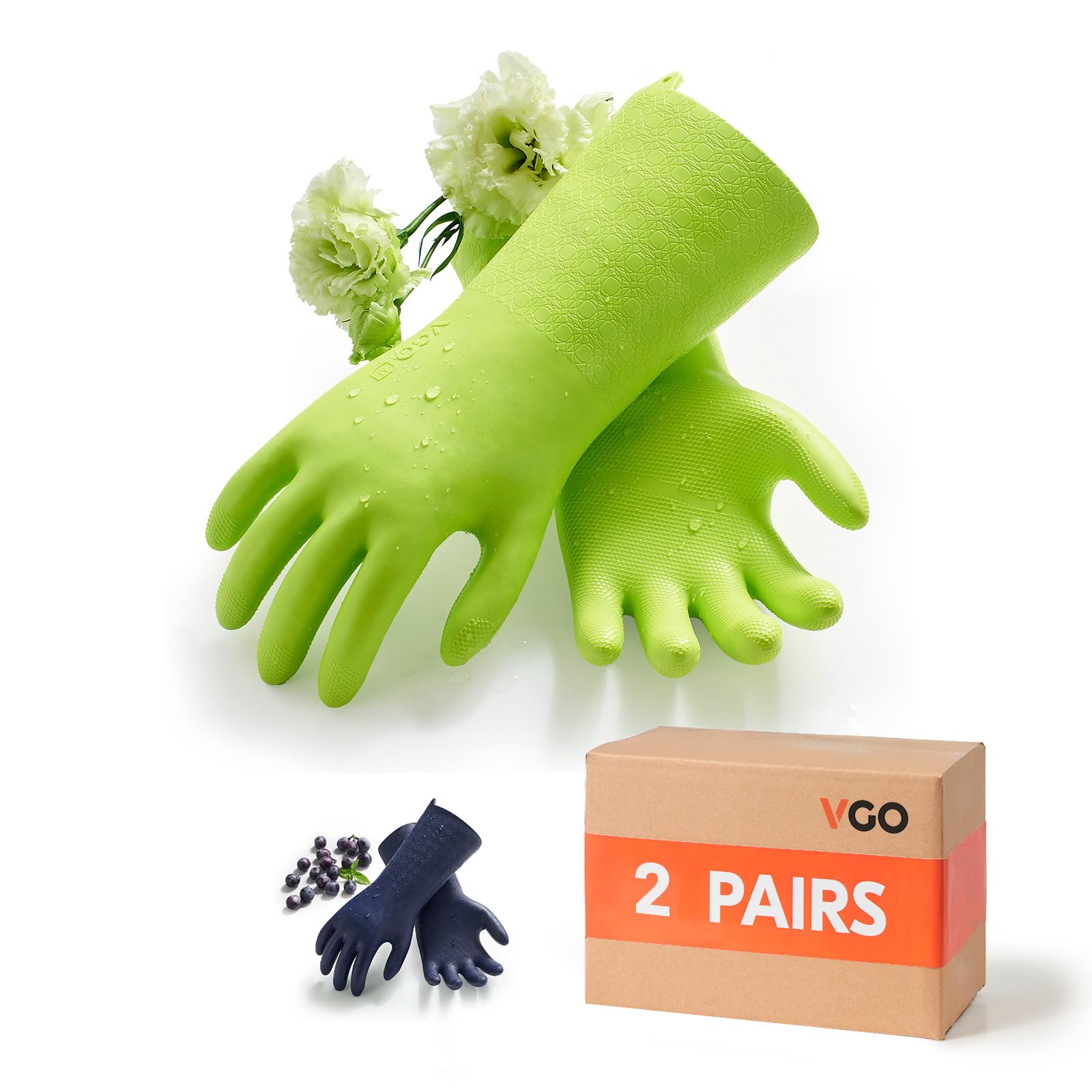 Vgo... 2 pairs Heavy Duty Cleaning Gloves Lined Nylon, Household Gloves Reuseable in TPE Latex Free, Thicker Antislip Washing Up Gloves for Kitchen Bathroom Gardening Painting, with Flower Flavor