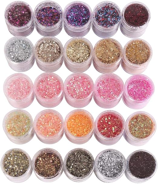 Amazon Co Jp ネイル 用 容器入 キラキラ ラメ グリッター 25色セット パウダー 顔 ボディ へア 飾り パーティ アート パーツ レジン デコ ホビー