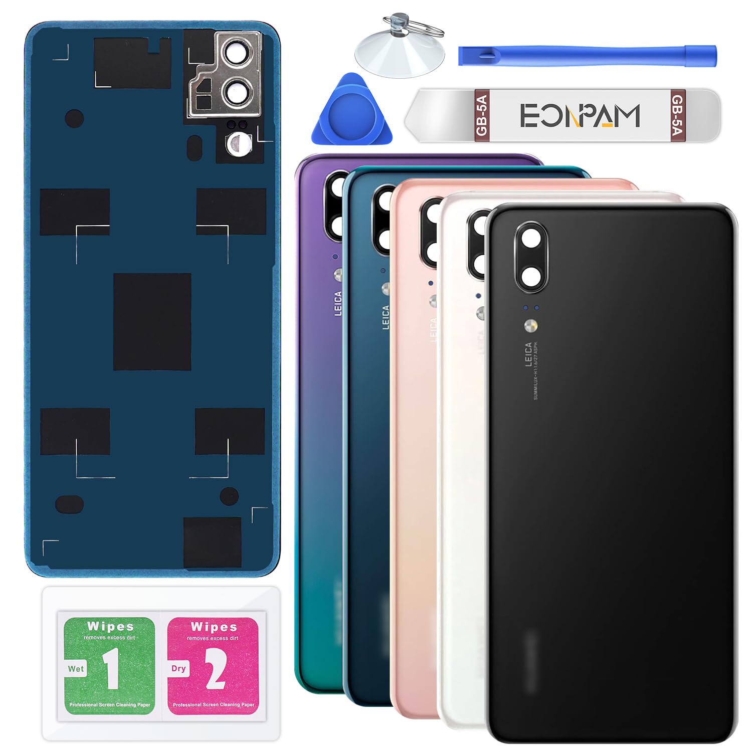 Eonpam Back Cover Glass for Huawei P20 Rear Glass Replacement with Camera Lens + Repair Kit Genuine Rear Housing (Black)