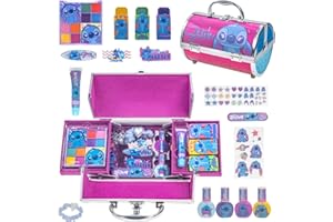 Stitch Cosmetic Makeup Train Case Set Includes Lip Gloss, Shadows, Brushes, Nail Polishes, Hair Clips, Tattoos for Girls Ages