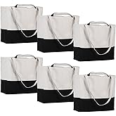 LINICE Canvas Tote Bag Reusable Grocery Bags with Long Shoulder Strap and Short Handle Foldable Heavy Duty Washable (Black-6pack)