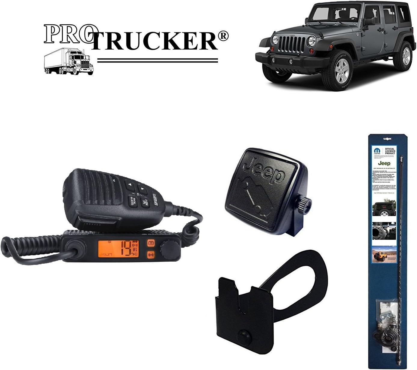 Pro Trucker 2007-Present Jeep JK CB Radio Complete Kit with Handheld CB Radio, 3' Mopar Antenna, Mount, Coax, Speaker, and Grab Bar Mount