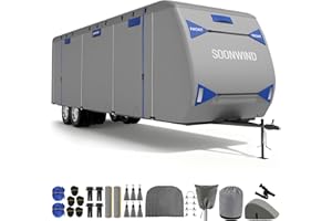 SOONWIND Heavy Duty 7 Layers RV Cover, Camper Cover & Travel Trailer Cover 24-27ft, Waterproof Windproof All-Weather Protection with Tongue Jack Cover, Gutter Covers & Reinforced Straps - Blue