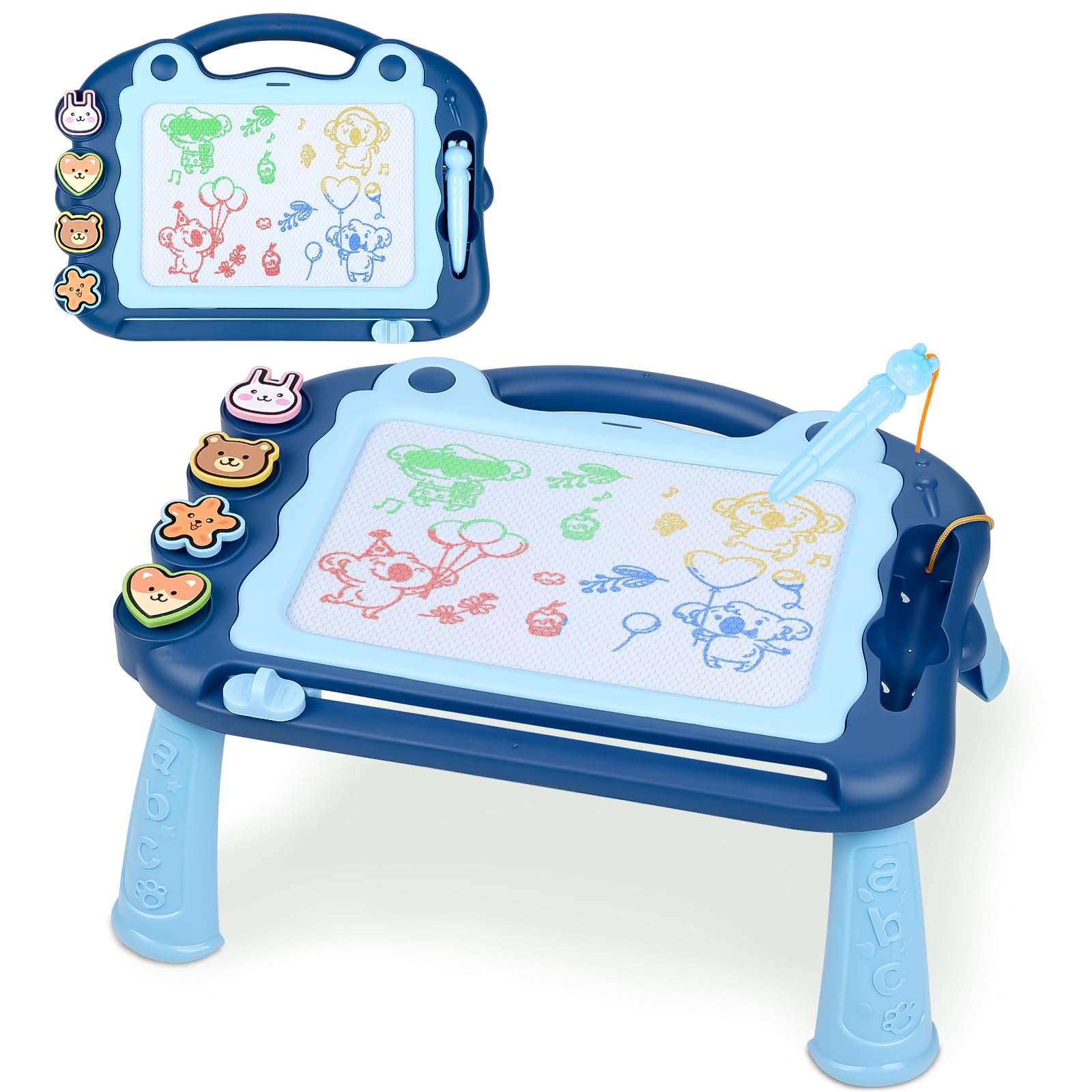 Sarsumir Magnetic Drawing Board, 30×23cm 4 Colors Doodle Scribble Board Erasable Sketch Writing Pad with 4 Stamps & Removable Legs Educational Toy for 2 3 4 5 6 Year Old Boys Girls Kids Toddlers, Blue