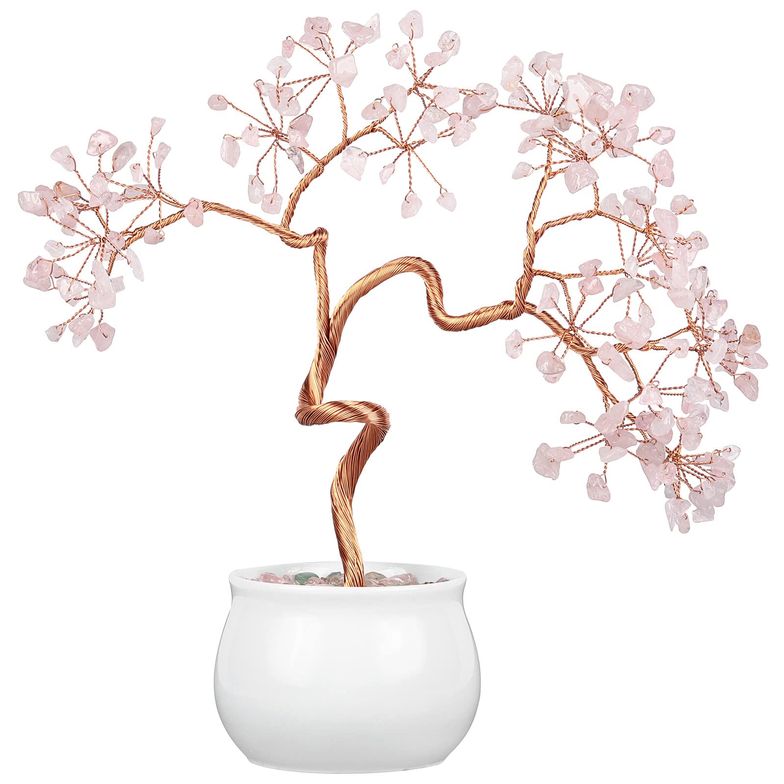 Nupuyai Rose Quartz Crystal Money Tree with Ceramic Base, Good Luck Healing Stone Feng Shui Bonsai Gem Tree Spiritual Ornament for Home Office Decor, 20-24cm