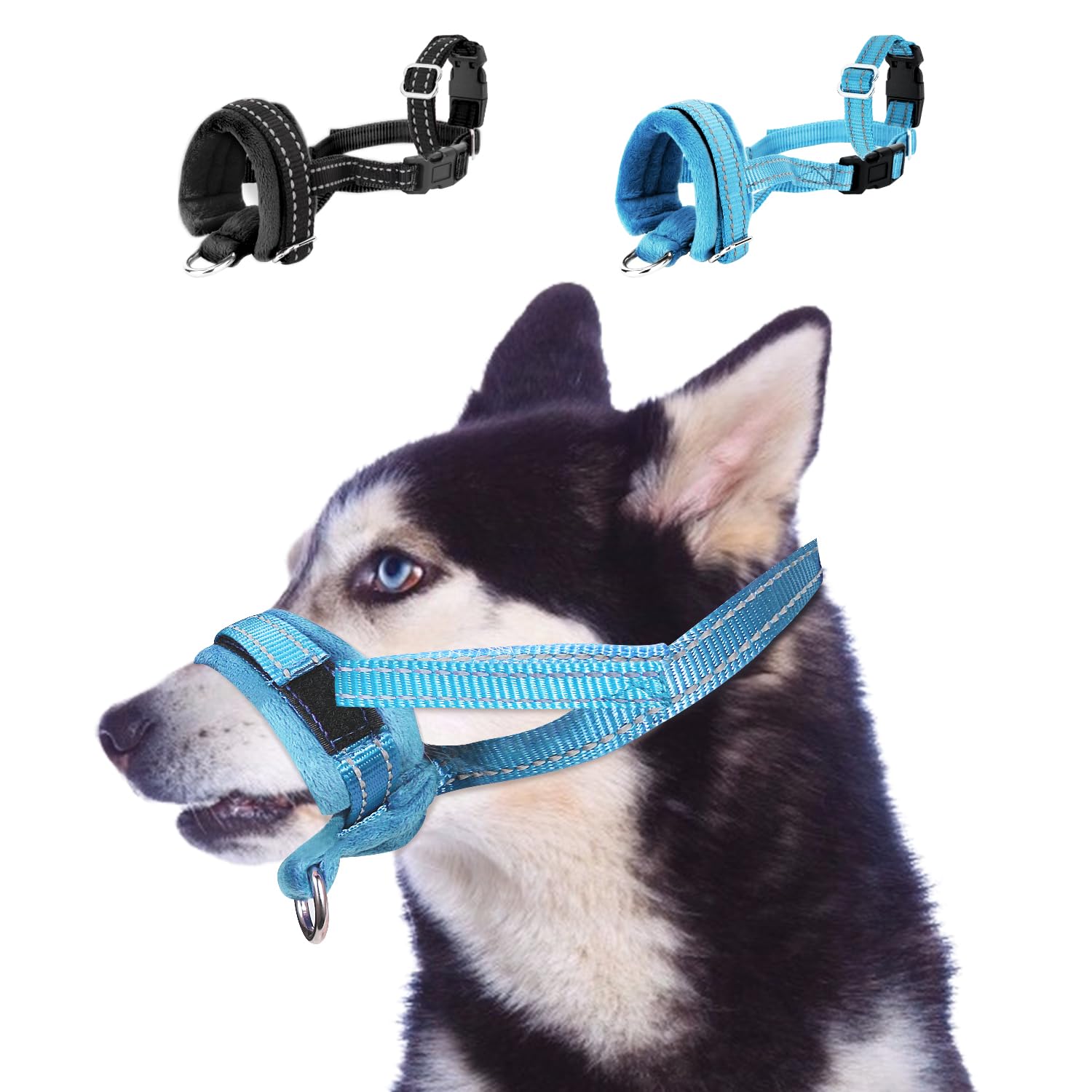 Eyein Soft Nylon Dog Muzzle - Adjustable Reflective Dog Mouth Cover with Connection Strap Prevents Biting Barking - Allows Panting Drinking Dog Mask Pet Muzzles for Small Medium Large Dogs (Blue,XL)