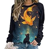 MARSVOVO Funny Cat Sweatshirt Oversized Fall Long Sleeve Crewneck Cat Go Fishing print Plus Size Warm Winter Sweatshirt