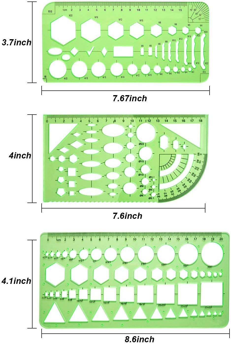 Petift 6 Pieces Geometric Drawings Templates, Plastic Measuring Templates, Measuring Templates Building Formwork Stencils Geometric Drawing Rulers for Office, School, Designing and Building, Clear Green