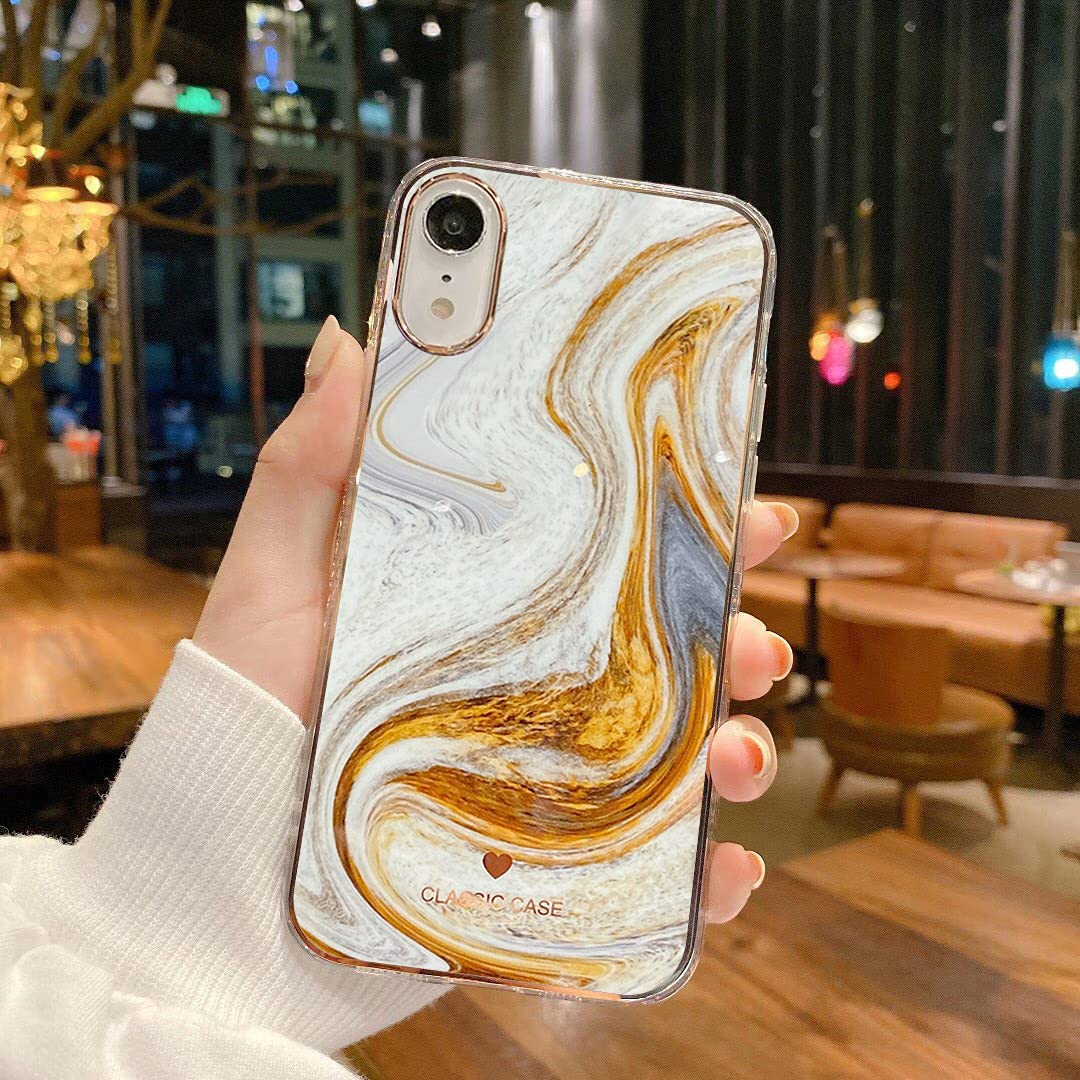 OWM iPhone XR Case Marble Effect Stone Bling Cute Silicone Bumper Slim Soft Gold Edging Back Shockproof Phone Cover Compatible for iPhone XR (Brown)