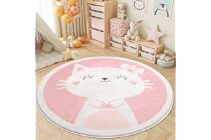 LIKOYO 4 Ft Kids Round Rug, Washable Area Rugs Nursery Rug for Baby Boys Girls Cute Pink Cat Rug Play Mat Floor Carpet Non Slip Soft Rugs for Living Room Bedroom Playroom Bathroom Classroom Office Kids Room