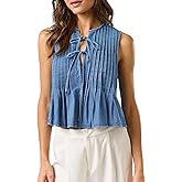 POLIRO Womens Denim Top Sleeveless Pleated Jean Vest Tops for Women Tie-Front V Neck Denim Vest Trendy Casual Jean Tops