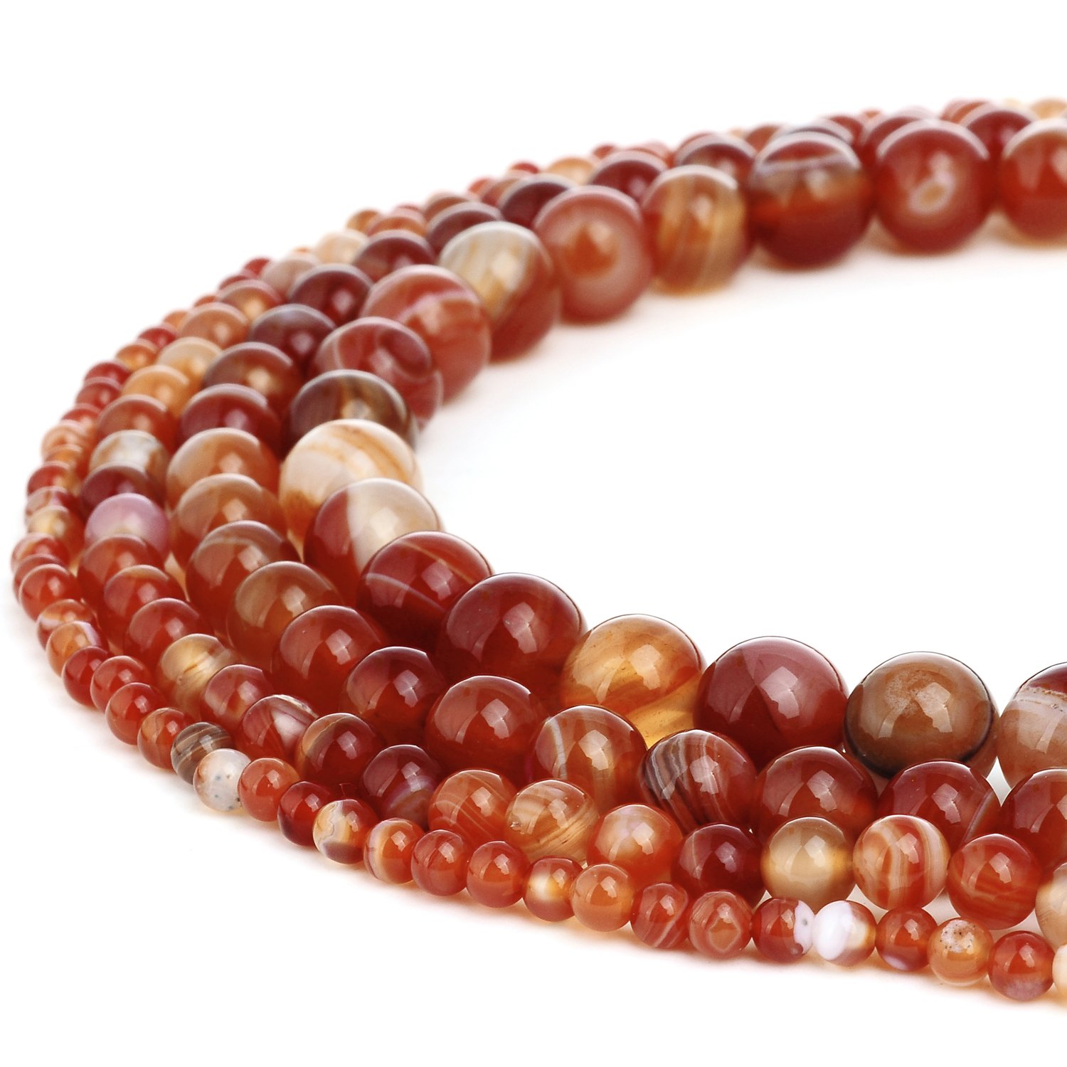 RUBYCA Natural Red Striped Agate Gemstone Round Loose Bead Quartz for Jewelry Making 1 Strand - 6mm