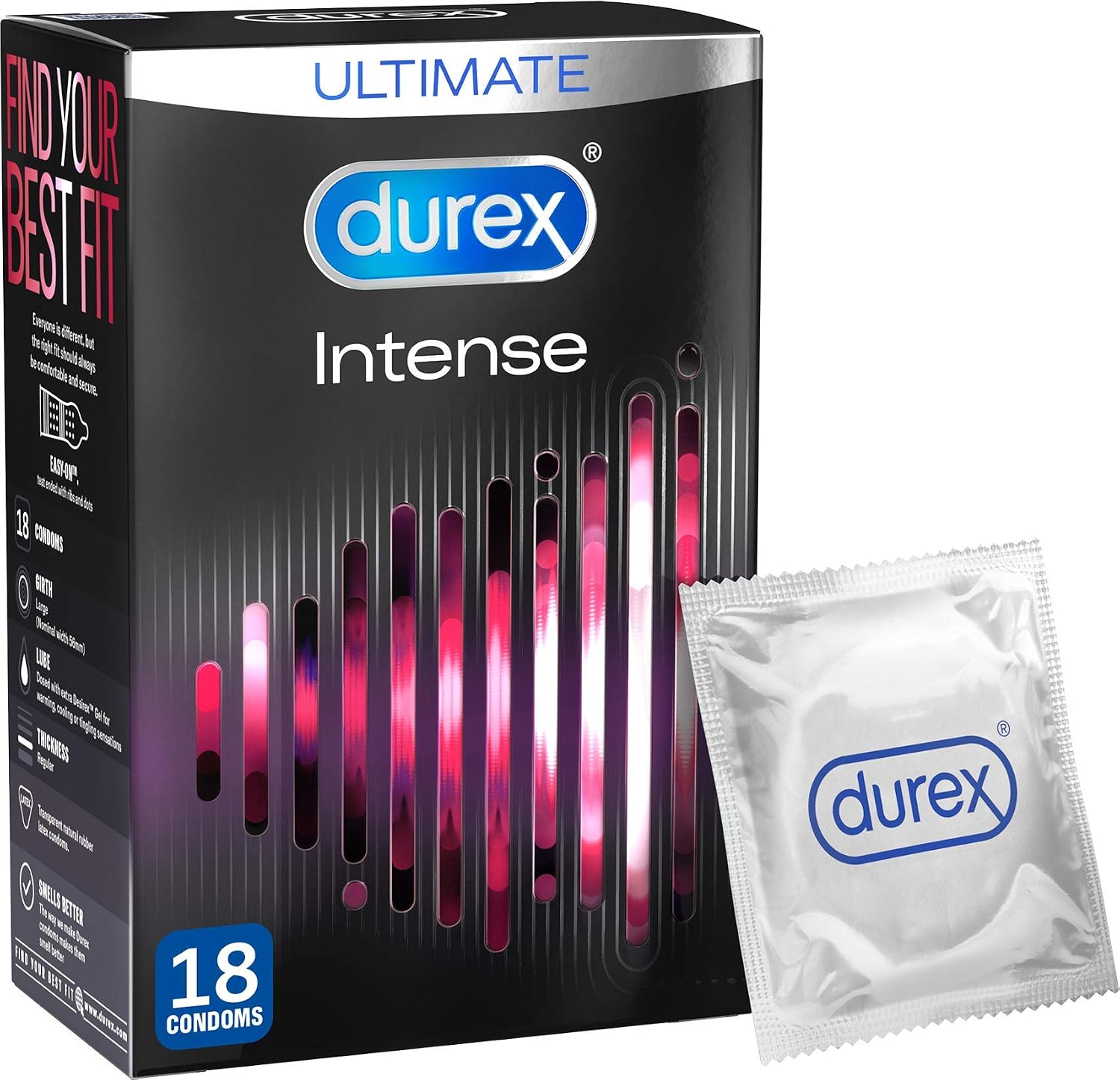 Durex Intense Condoms, 18 Condoms (1 Pack) (Packaging May Vary), New, 1 count (Pack of 18)