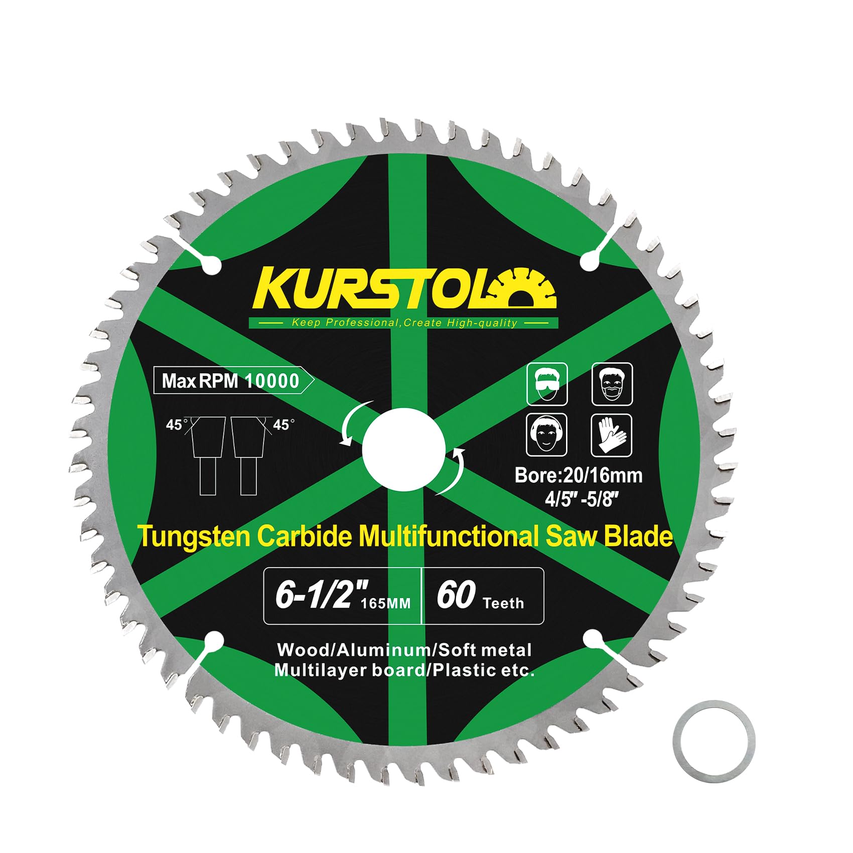 KURSTOL Wood Circular Saw Blade - 165mm TCT Cutting Disc 60T Tungsten Carbide Tipped Blade Bore 20mm-16mm for Wood, Laminates, Aluminum, Copper, Non-Ferrous Metals, Plastic