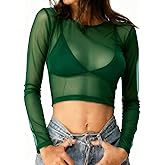 ADOME Mesh Crop Top Sheer Tops for Women See Through Shirt Long Sleeve Basic Crop Top S-4XL
