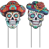 hogardeck Dia De Los Muertos Decorations Outdoor, Set of 2 Dia de Los Muertos Sugar Skull Decorative Garden Stakes, Metal Halloween Decorations Yard Signs for Outside Garden Lawn Porch Patio Party
