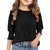 Haloumoning Girls' 3/4 Sleeve T Shirts Summer Cute Crewneck Basic Tees Ruffle Casual Blouse for 5-14Y