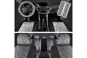BDK carXS Leopard Print Car Seat Covers Full Set, Includes Matching Seat Belt Pads and Steering Wheel Cover, Two-Tone Cheetah Print Gray Seat Covers for Cars for Women, Car Seat Protector Interior Covers