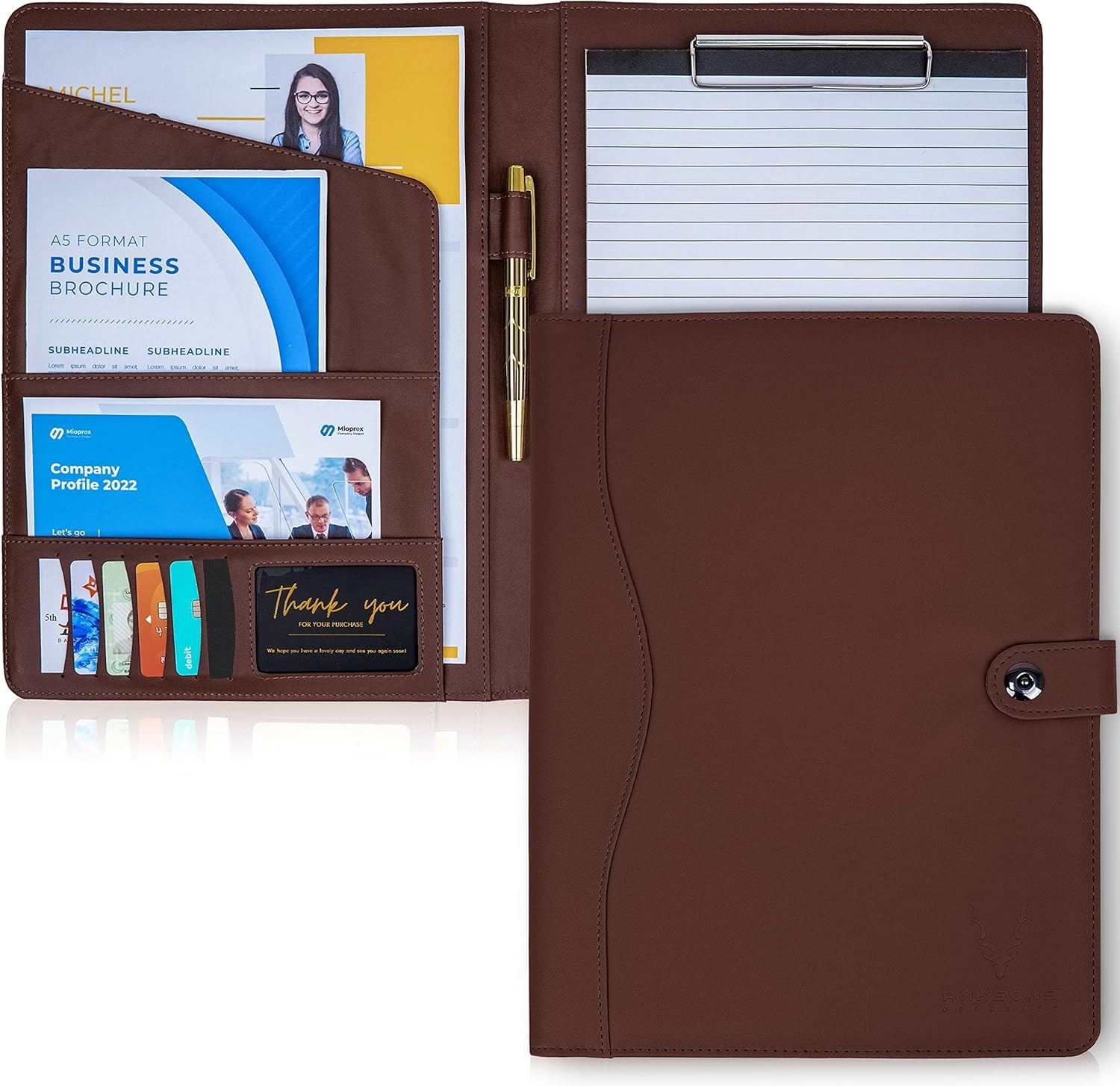 AMKSONS Portfolio Folder a4 in Brown with Clip Board and A4 Notepad - Premium PU Leather clipboard Folder with Document Compartments, Pen Holder, Flip Cover and Magnetic Closure — image 1