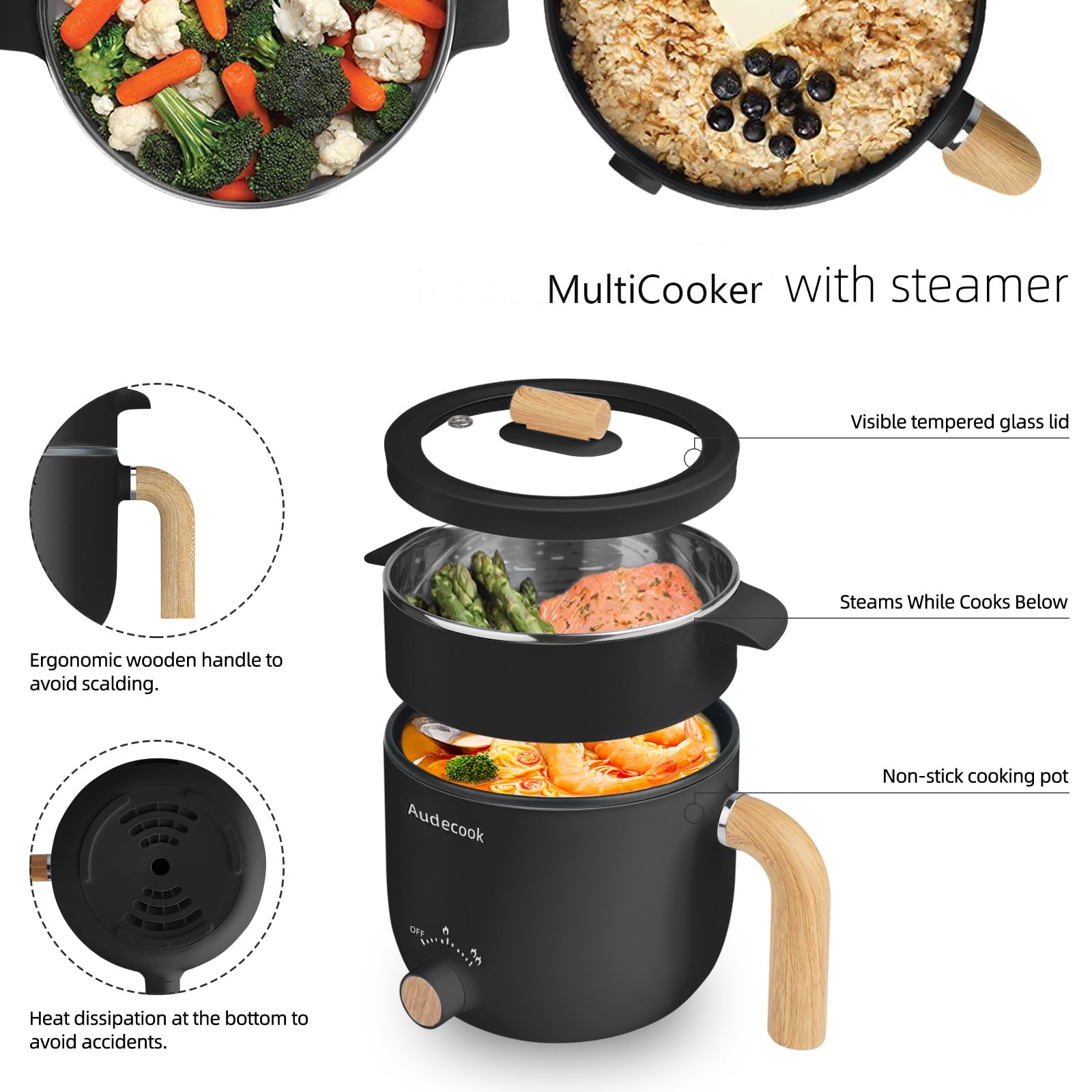 Hot Pot Electric with Steamer, 1.5L Portable Non-Stick Multicooker, Travel Electric Skillet with Dual Power Control for Pasta/Soup/Steak/Egg/Oatmeal (Black)
