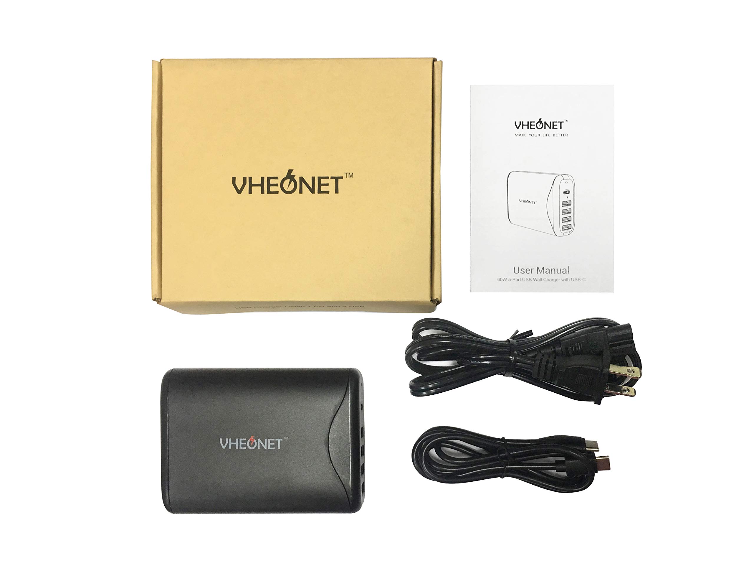 60W 5 Port USB C Charger Fast Charging PD Wall Charger Desktop Charging Station for iPhone Xs/Xs Max/XR/8/7/6, MacBook, Nexus, Galaxy and More (Black)