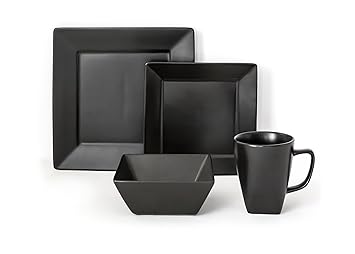 overandback 812219 Hard Square 16pc Dinnerware Set, Service for 4, Black