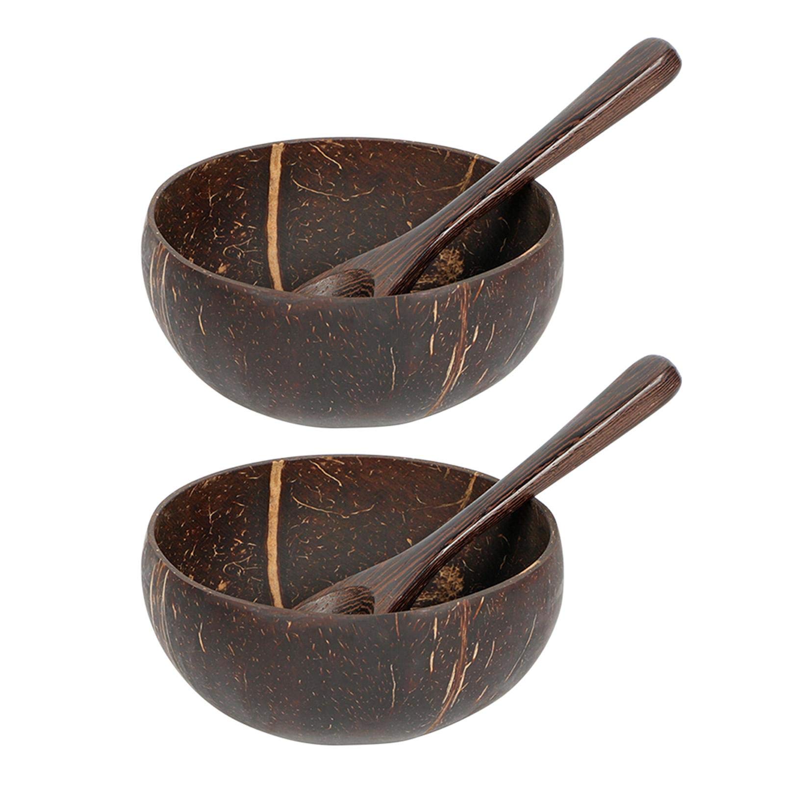 DASNTERED Coconut Bowls and Spoon Sets, 2pack Fruit Salad Vegan Gift Bowls, Salad Smoothie Coconut Shell Bowl Home Noodle Rice Tableware, for Kitchen and Decoration(dark coffee)