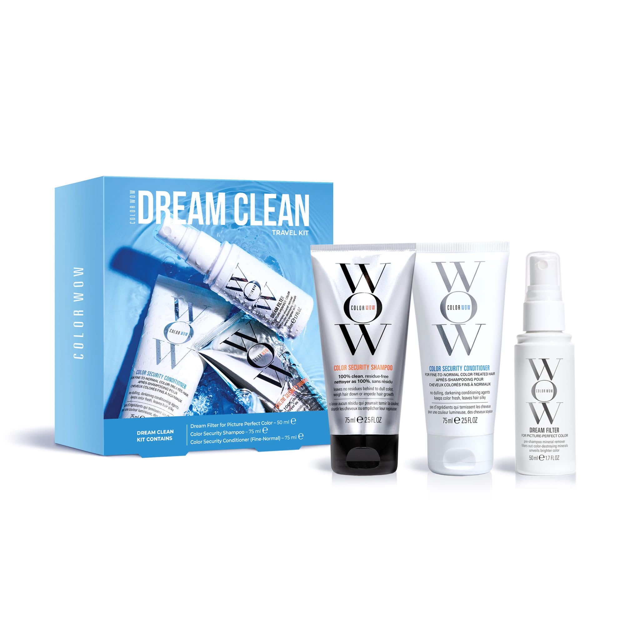 COLOR WOW Dream Clean Travel Kit – Clarifying + Hydrating Mini Haircare Trio | Dream Filter, Color Security Shampoo + Conditioner | Gently Detoxes + Hydrates for Glossy, Residue-Free Hair