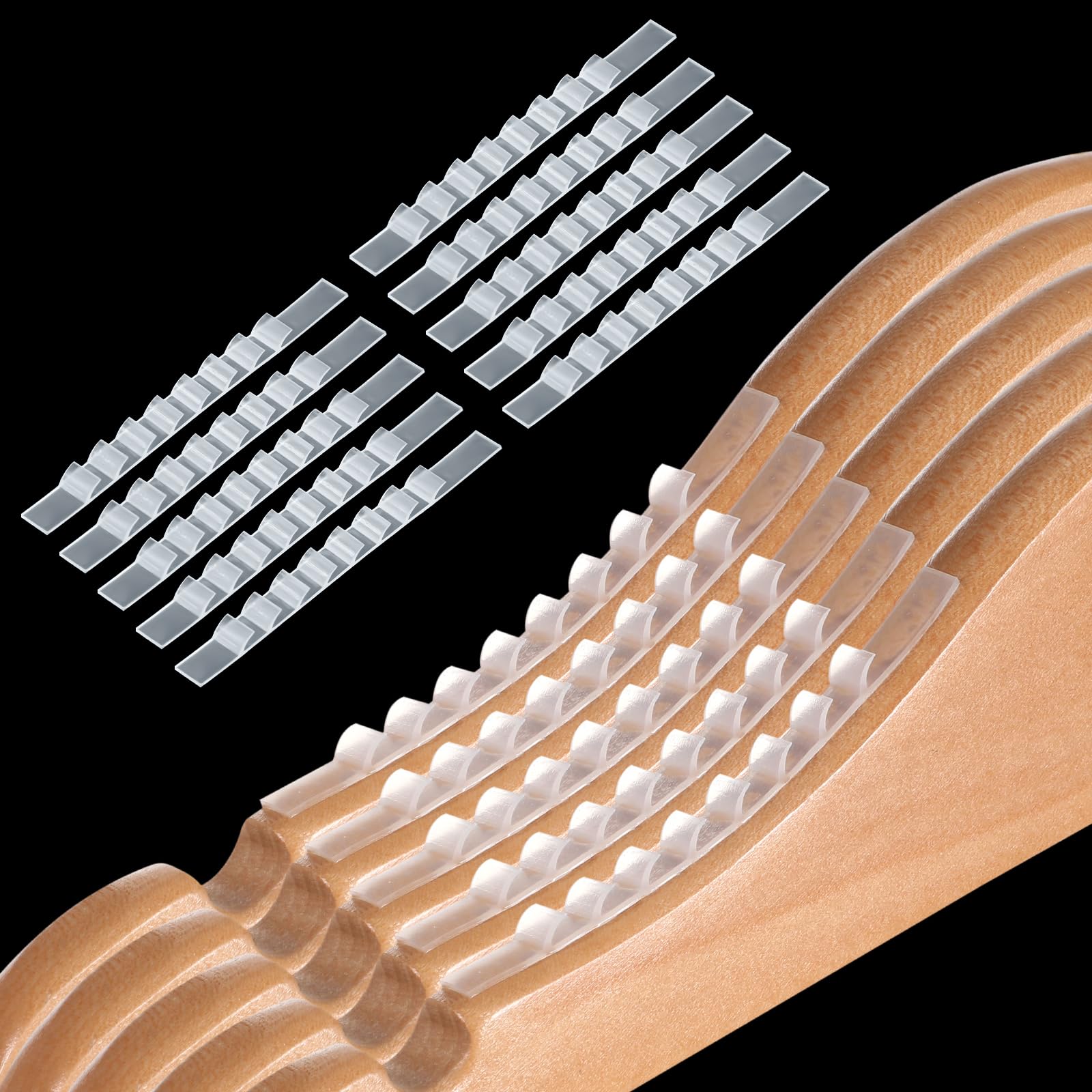 View 1 of 200Pcs Non Slip Rubber Grippers for Wood Hangers, Clear Self Adhesive Hanger Strips Clothes Hanging Accessories with Fins Grippers Strips for Wood Plastic Hangers Closet 2.8 x 0.2 Inch