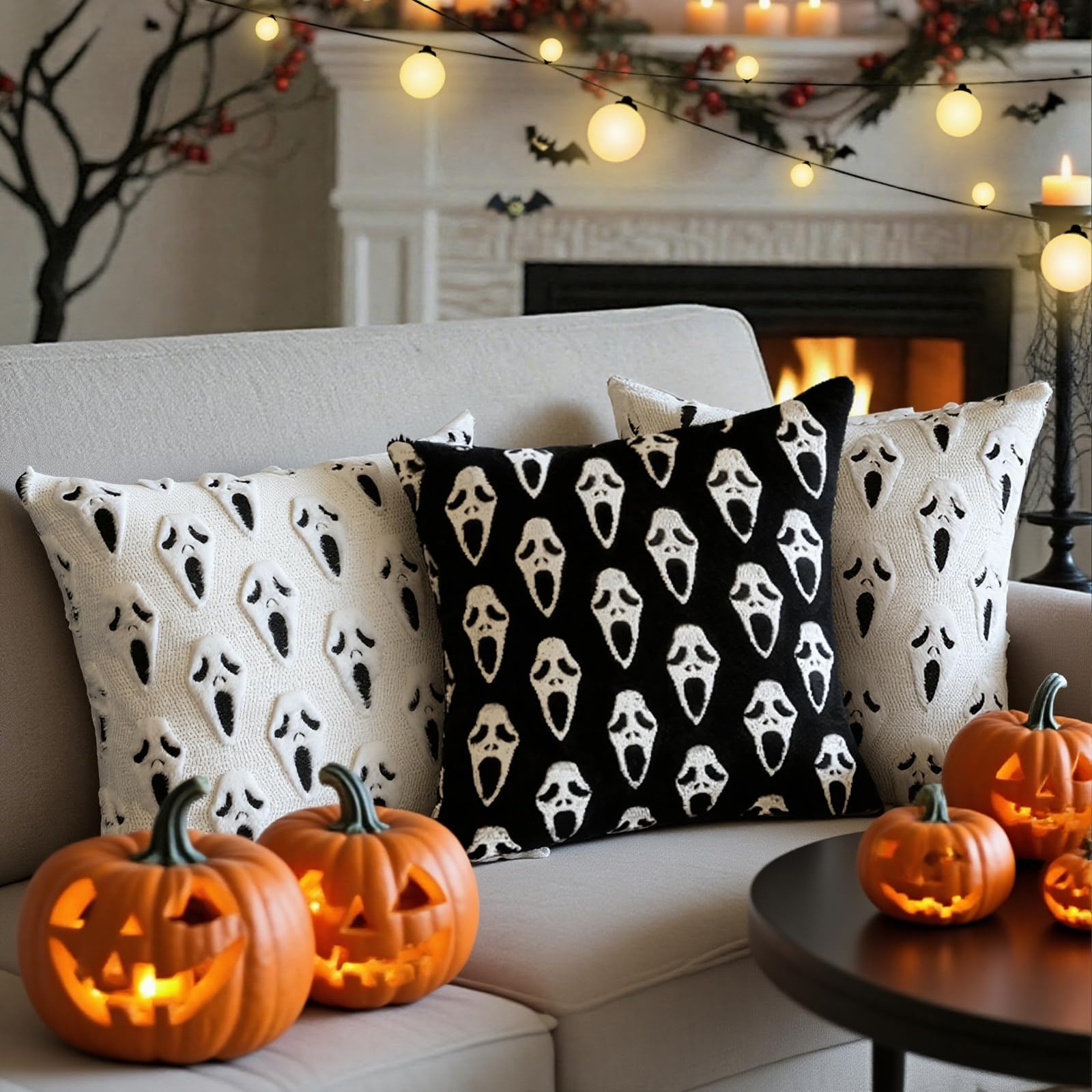 Halloween Scream Ghost Pillow Covers Set of 2, 18x18 Decorative Ghost Throw Pillowcases Soft Plush Faux Wool Cushions for Home Patio Sofa Couch (Ghost Black)