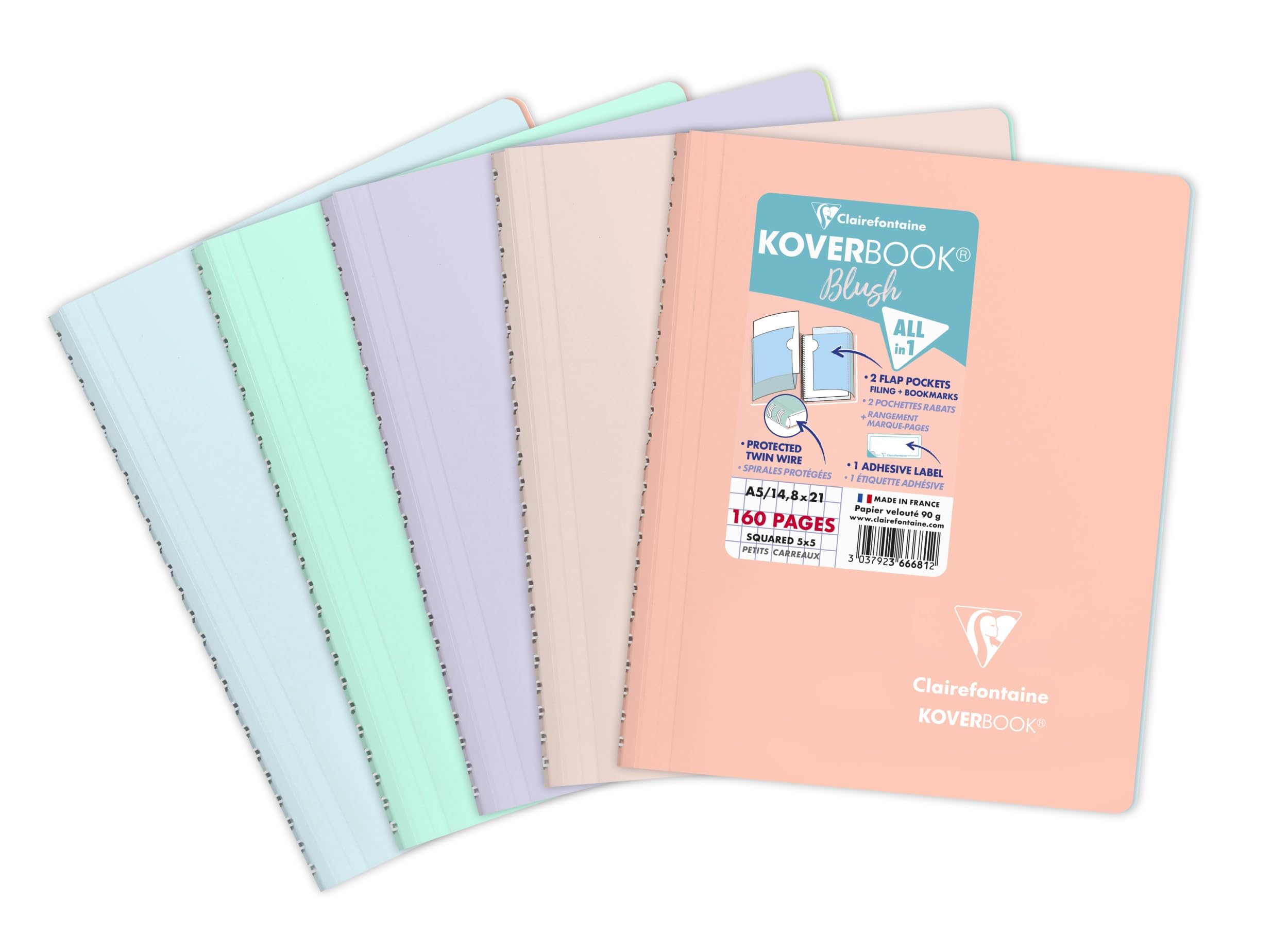 Clairefontaine 366681C Set of 5 Spiral Notebooks Koverbook Blush - A5 14,8x21 cm - 160 Small Squares Pages - White Paper 90 g - Opaque Polypro Cover - Random Colours