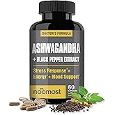 NooMost Organic Ashwagandha 400mg Capsules w/Black Pepper Extract as Vegan Ashwagandha Supplements for Anti Stress Relief, Natural Mood Support, Energy & Focus-60 Capsules