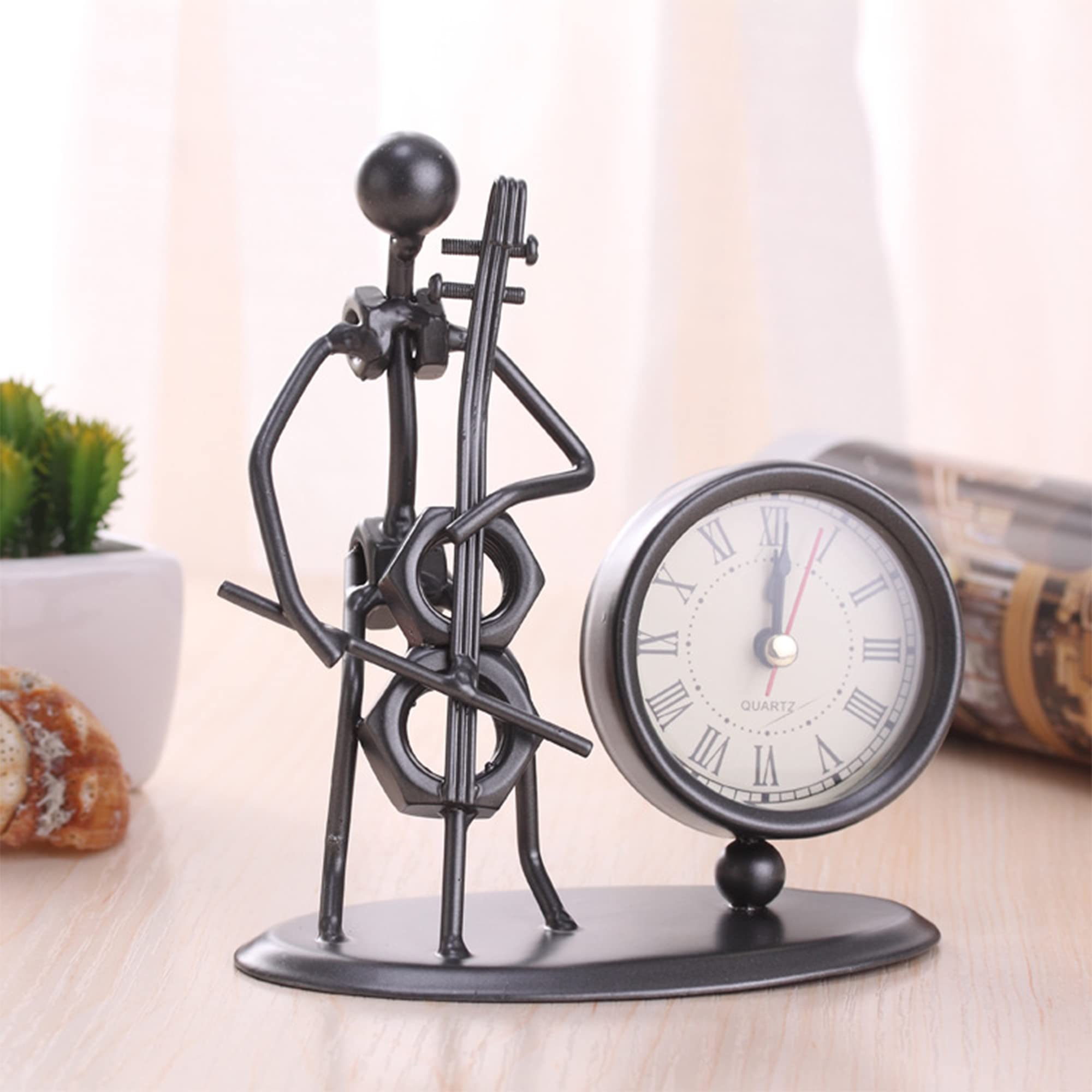 Creative Table Clocks, Table Clock Retro, Quartz Clock, Decorative Table Clock with Black Numbers and Hands, A Man Playing Cello, Decorative Clock in Vintage Style, Vintage Metal Desk Clock