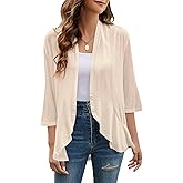 Yekaty Women Cardigan 3/4 Sleeves Open Front Lightweight Cardigan Draped Ruffles Knit Cardigan