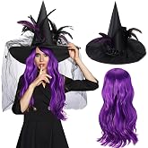 Ramede 2 Pcs Halloween Witch Hat Costume Set for Women Black | Long Curly Wig, Veil Flower Feather Accessories, for Women Costume Parties and Halloween Cosplay Events