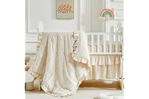 FLYSHEEP 3 Pieces Tufted Stripes Crib Bedding Set with Ruffle Fringe, Beige Ruffled Comforter with Fitted Sheet and Bed Skirt, Soft and Embroidery Shabby Chic Boho Bohemian Jacquard Design for Baby Girls Boys