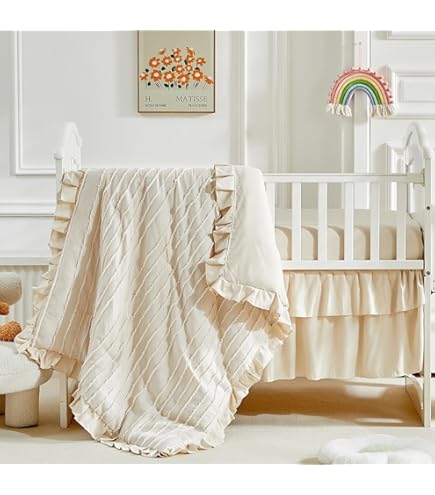 AIKASY Ruffled Crib Bedding Set For Girls - 4-Piece Bohemian Style With Comforter, Sheet & Skirt