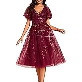 Ever-Pretty Women's Sequin Plus Size Cocktail Party Dress A-Line Midi Tulle Wedding Guest Dresses for Curvy Women