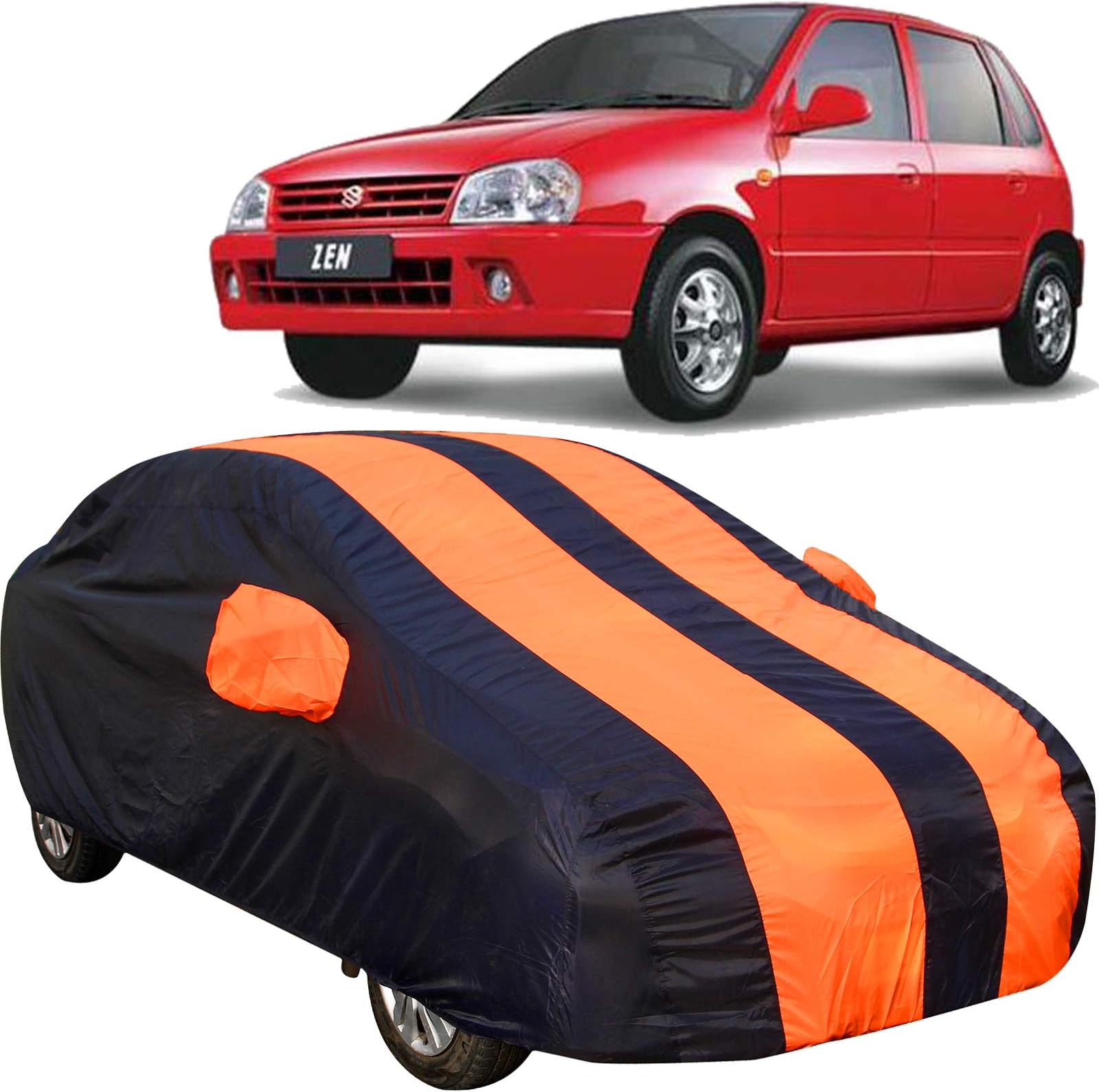 The Autostory 190 Taffeta Water Resistant Car Body Cover Compatible with Maruti Zen Old Model with Mirror Pockets (Orange/Navy Blue)