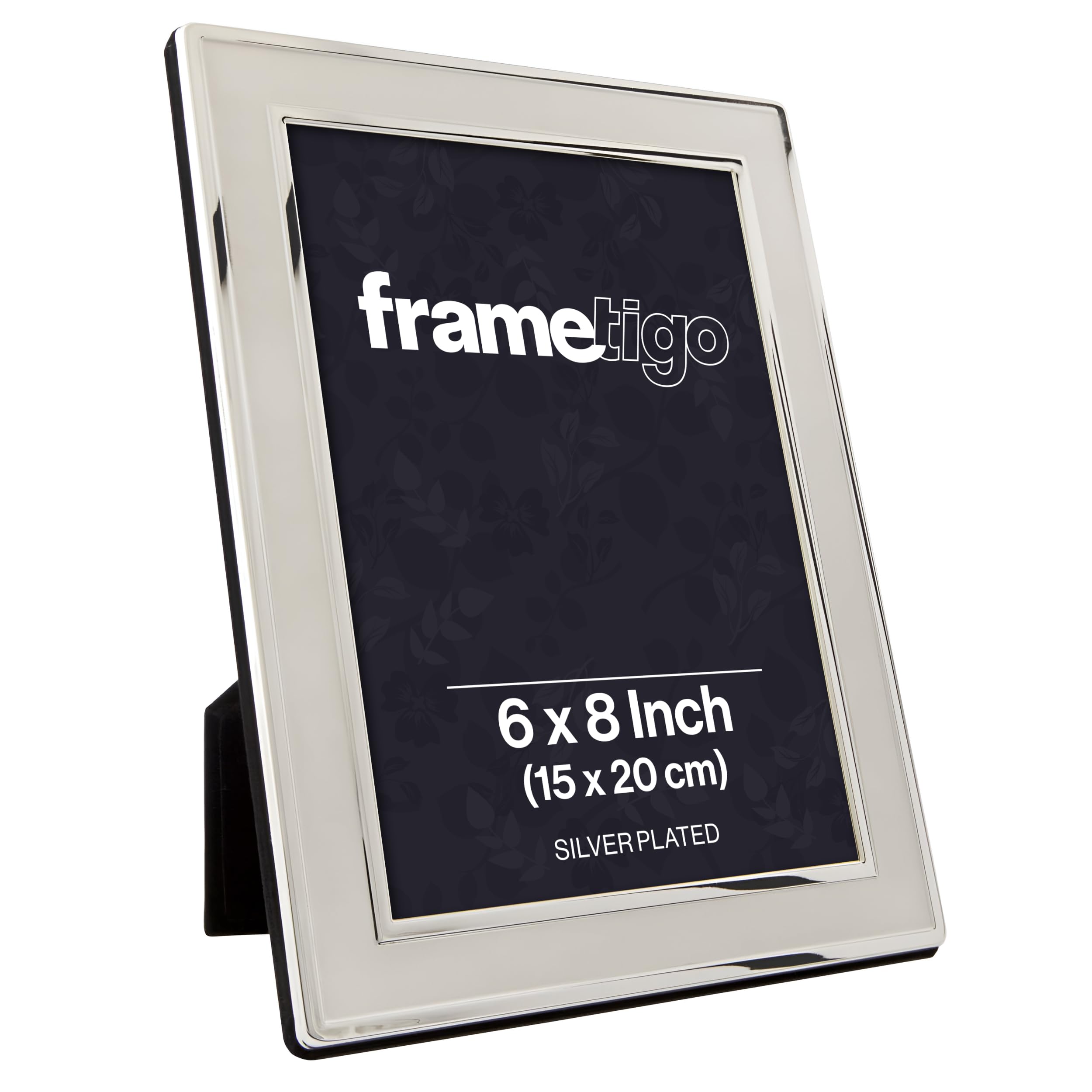Frametigo - Silver Plated Plain Satin Photo Frame, 6"x8" (15x20cm) Photo Size - Velvet Frame Backing & Stand - Real Glass Window - Tarnish-Resistant - Landscape or Portrait Orientation