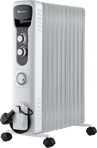 PureMate 2500W Oil Filled Radiator 11 Fin Tall Electric Heater 3 Heat Settings