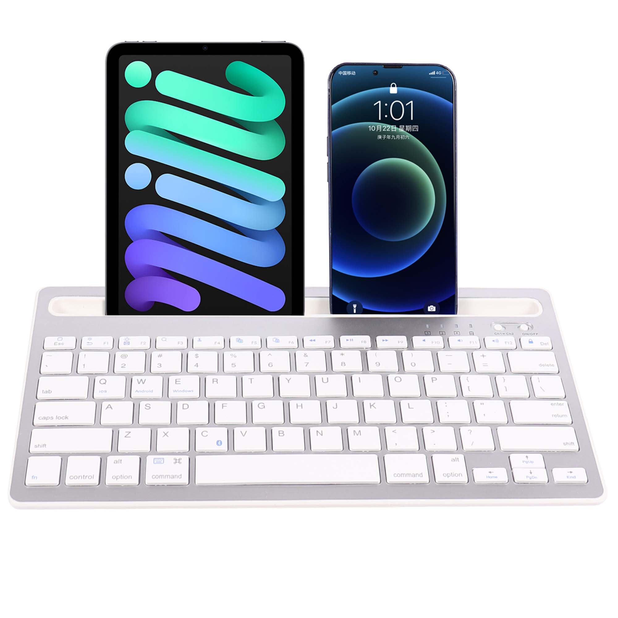 Photo 1 of Bluetooth Keyboard with Tablet/Phone Integrated Holder, Multi-Device Rechargeable Wireless Keyboard Switch to 2 Devices for Tablet Smartphone Laptop Android iOS Windows?Silver?